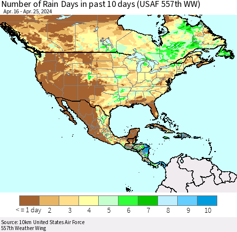 North America Number of Rain Days in past 10 days (USAF 557th WW) Thematic Map For 4/21/2024 - 4/25/2024