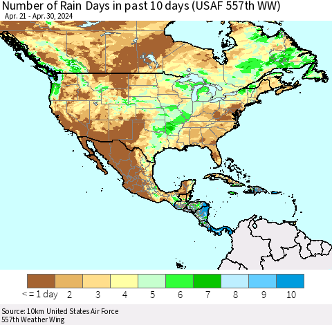 North America Number of Rain Days in past 10 days (USAF 557th WW) Thematic Map For 4/26/2024 - 4/30/2024