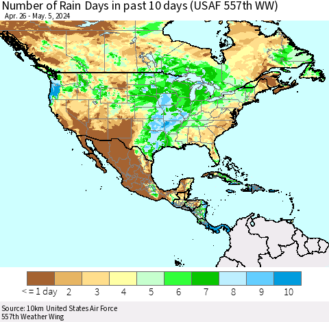 North America Number of Rain Days in past 10 days (USAF 557th WW) Thematic Map For 5/1/2024 - 5/5/2024