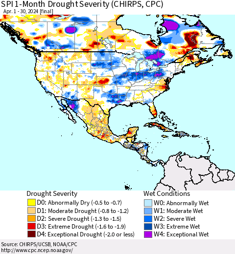 North America SPI 1-Month Drought Severity (CHIRPS) Thematic Map For 4/1/2024 - 4/30/2024