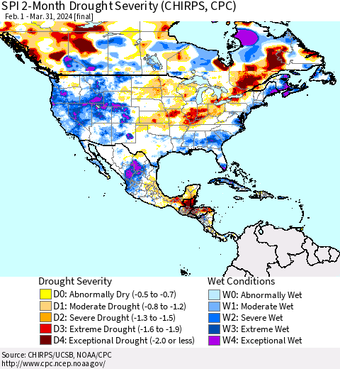 North America SPI 2-Month Drought Severity (CHIRPS) Thematic Map For 2/1/2024 - 3/31/2024