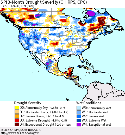 North America SPI 3-Month Drought Severity (CHIRPS) Thematic Map For 2/1/2024 - 4/30/2024