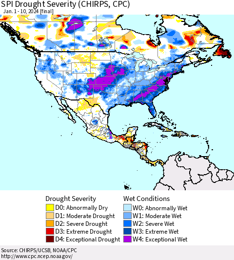 North America SPI Drought Severity (CHIRPS) Thematic Map For 1/1/2024 - 1/10/2024