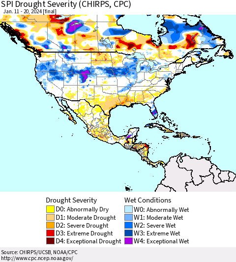 North America SPI Drought Severity (CHIRPS) Thematic Map For 1/11/2024 - 1/20/2024