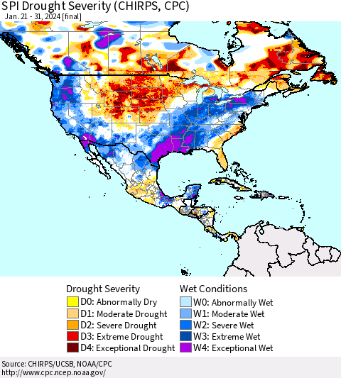 North America SPI Drought Severity (CHIRPS) Thematic Map For 1/21/2024 - 1/31/2024