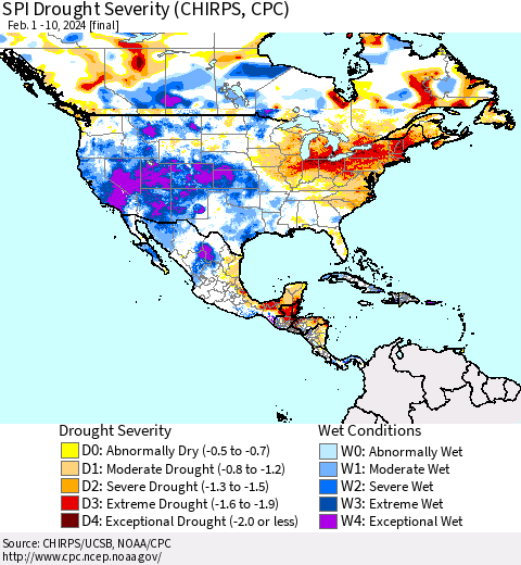 North America SPI Drought Severity (CHIRPS) Thematic Map For 2/1/2024 - 2/10/2024