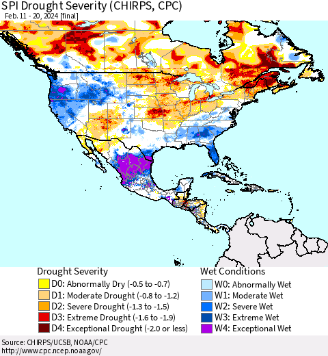 North America SPI Drought Severity (CHIRPS) Thematic Map For 2/11/2024 - 2/20/2024
