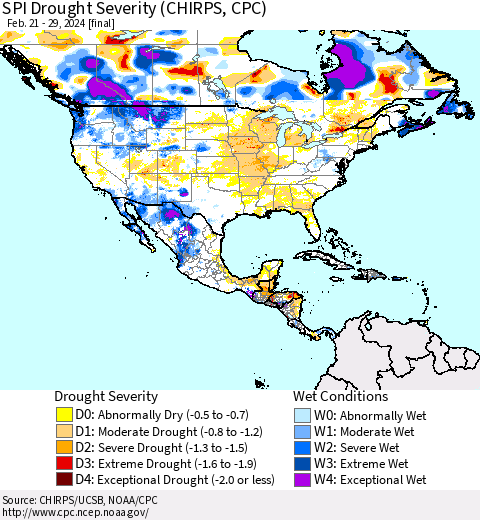 North America SPI Drought Severity (CHIRPS) Thematic Map For 2/21/2024 - 2/29/2024
