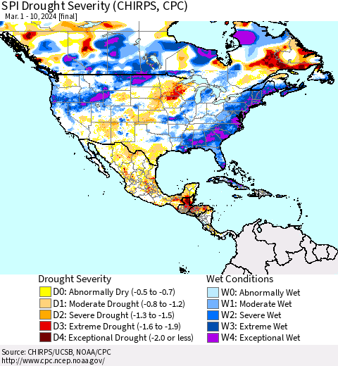 North America SPI Drought Severity (CHIRPS) Thematic Map For 3/1/2024 - 3/10/2024