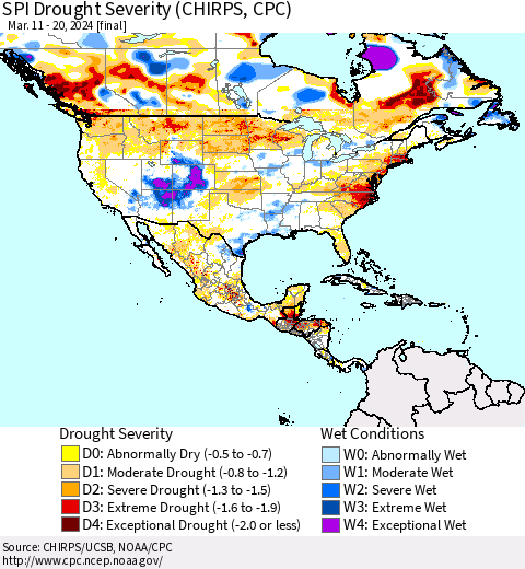 North America SPI Drought Severity (CHIRPS) Thematic Map For 3/11/2024 - 3/20/2024
