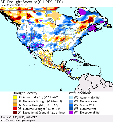 North America SPI Drought Severity (CHIRPS) Thematic Map For 3/21/2024 - 3/31/2024