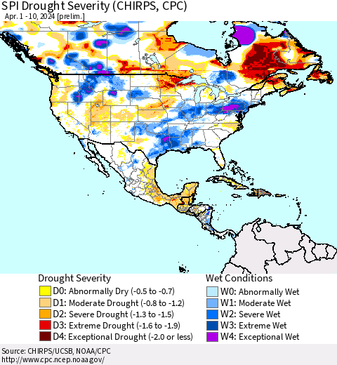 North America SPI Drought Severity (CHIRPS) Thematic Map For 4/1/2024 - 4/10/2024