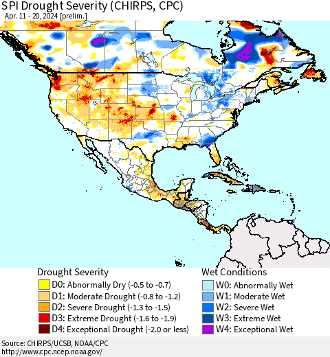 North America SPI Drought Severity (CHIRPS) Thematic Map For 4/11/2024 - 4/20/2024