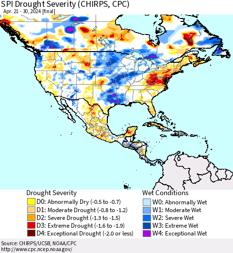 North America SPI Drought Severity (CHIRPS) Thematic Map For 4/21/2024 - 4/30/2024