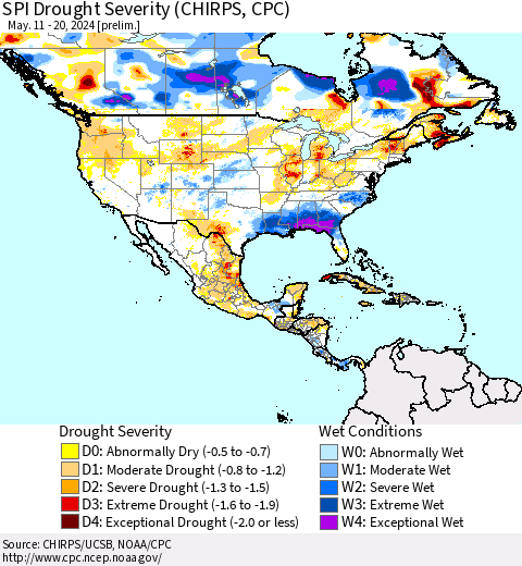 North America SPI Drought Severity (CHIRPS) Thematic Map For 5/11/2024 - 5/20/2024