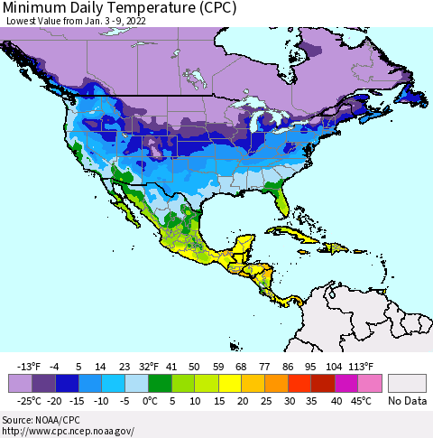 North America Minimum Daily Temperature (CPC) Thematic Map For 1/3/2022 - 1/9/2022