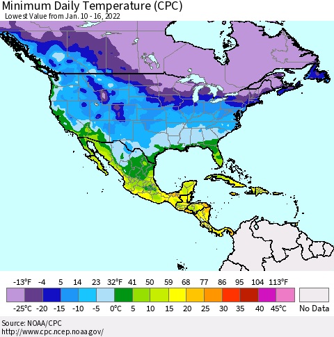 North America Minimum Daily Temperature (CPC) Thematic Map For 1/10/2022 - 1/16/2022