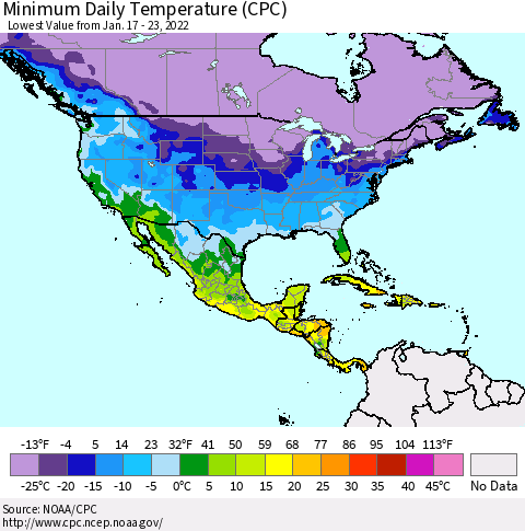 North America Minimum Daily Temperature (CPC) Thematic Map For 1/17/2022 - 1/23/2022