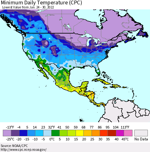 North America Minimum Daily Temperature (CPC) Thematic Map For 1/24/2022 - 1/30/2022