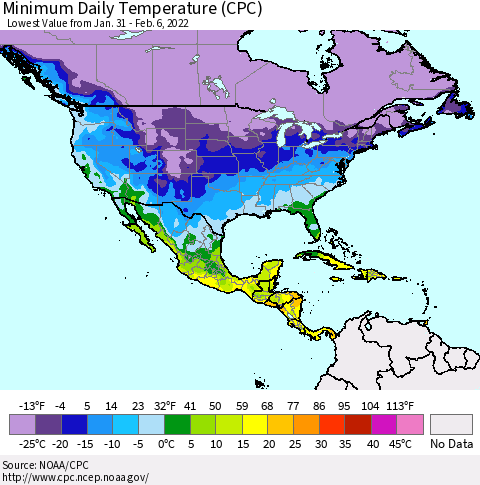 North America Minimum Daily Temperature (CPC) Thematic Map For 1/31/2022 - 2/6/2022