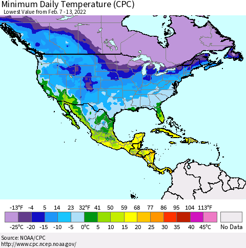 North America Minimum Daily Temperature (CPC) Thematic Map For 2/7/2022 - 2/13/2022