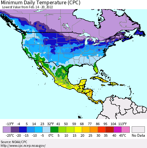 North America Minimum Daily Temperature (CPC) Thematic Map For 2/14/2022 - 2/20/2022