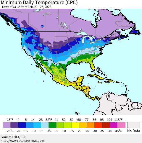 North America Minimum Daily Temperature (CPC) Thematic Map For 2/21/2022 - 2/27/2022