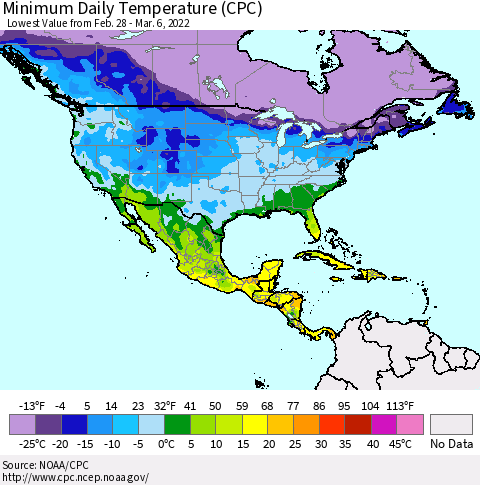 North America Minimum Daily Temperature (CPC) Thematic Map For 2/28/2022 - 3/6/2022