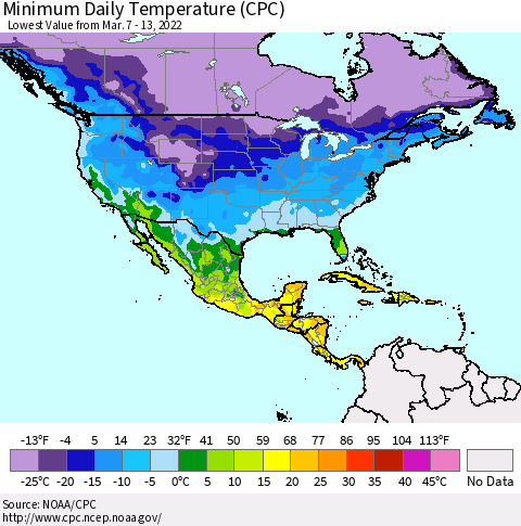 North America Minimum Daily Temperature (CPC) Thematic Map For 3/7/2022 - 3/13/2022