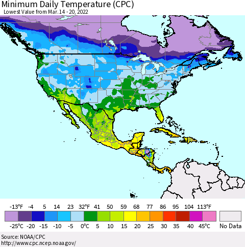 North America Minimum Daily Temperature (CPC) Thematic Map For 3/14/2022 - 3/20/2022
