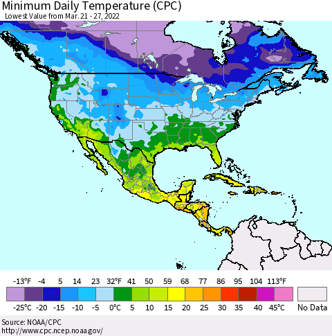 North America Minimum Daily Temperature (CPC) Thematic Map For 3/21/2022 - 3/27/2022