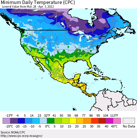 North America Minimum Daily Temperature (CPC) Thematic Map For 3/28/2022 - 4/3/2022