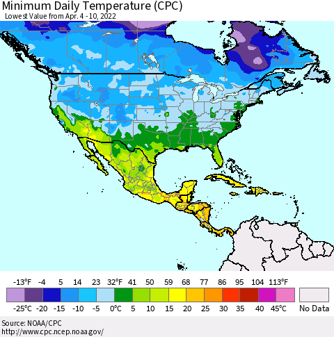 North America Minimum Daily Temperature (CPC) Thematic Map For 4/4/2022 - 4/10/2022