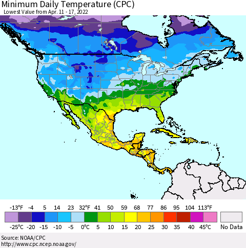 North America Minimum Daily Temperature (CPC) Thematic Map For 4/11/2022 - 4/17/2022