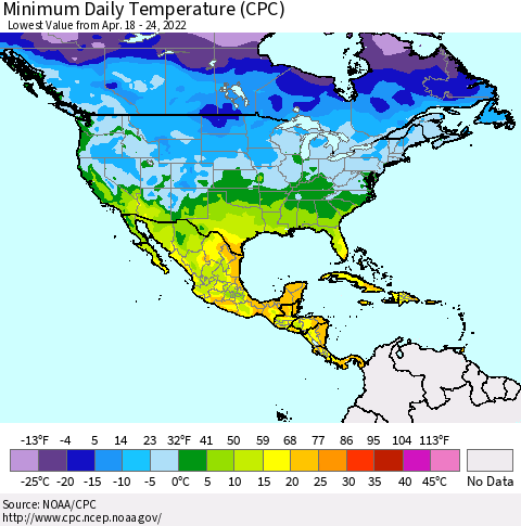 North America Minimum Daily Temperature (CPC) Thematic Map For 4/18/2022 - 4/24/2022