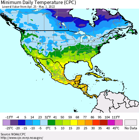 North America Minimum Daily Temperature (CPC) Thematic Map For 4/25/2022 - 5/1/2022