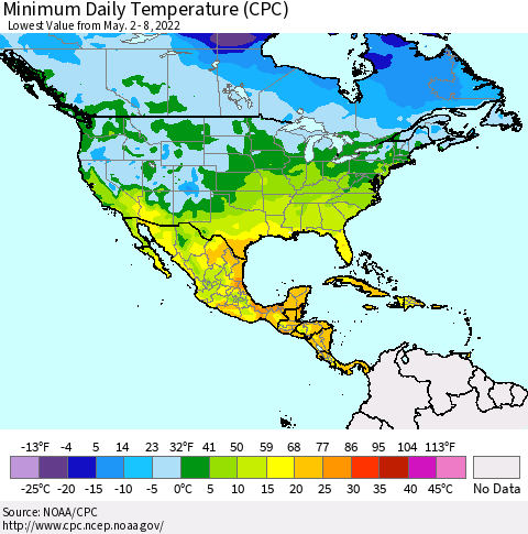 North America Minimum Daily Temperature (CPC) Thematic Map For 5/2/2022 - 5/8/2022