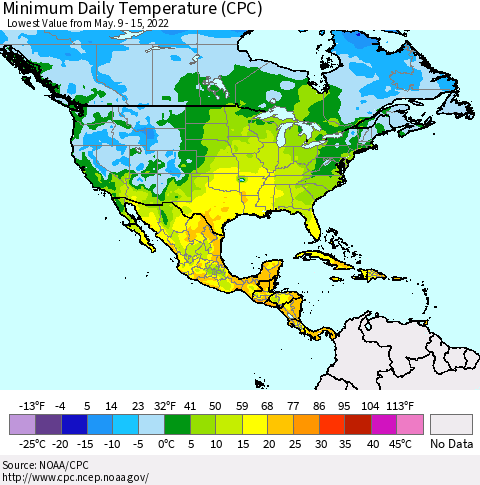 North America Minimum Daily Temperature (CPC) Thematic Map For 5/9/2022 - 5/15/2022