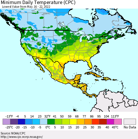 North America Minimum Daily Temperature (CPC) Thematic Map For 5/16/2022 - 5/22/2022