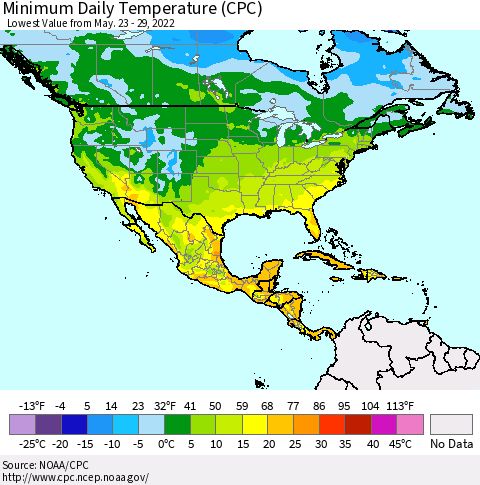 North America Minimum Daily Temperature (CPC) Thematic Map For 5/23/2022 - 5/29/2022
