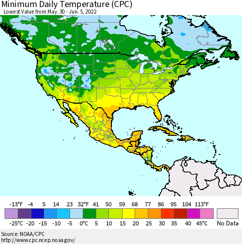 North America Minimum Daily Temperature (CPC) Thematic Map For 5/30/2022 - 6/5/2022