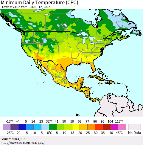 North America Minimum Daily Temperature (CPC) Thematic Map For 6/6/2022 - 6/12/2022