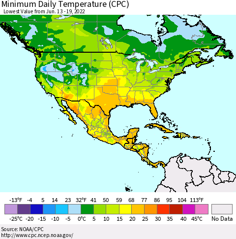 North America Minimum Daily Temperature (CPC) Thematic Map For 6/13/2022 - 6/19/2022