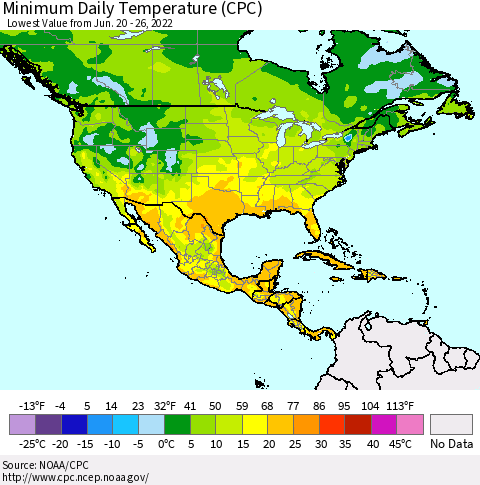 North America Minimum Daily Temperature (CPC) Thematic Map For 6/20/2022 - 6/26/2022