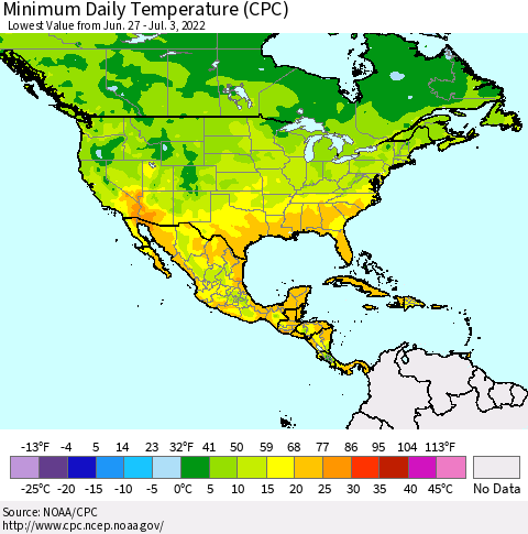 North America Minimum Daily Temperature (CPC) Thematic Map For 6/27/2022 - 7/3/2022