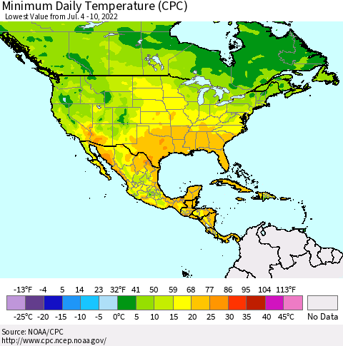 North America Minimum Daily Temperature (CPC) Thematic Map For 7/4/2022 - 7/10/2022