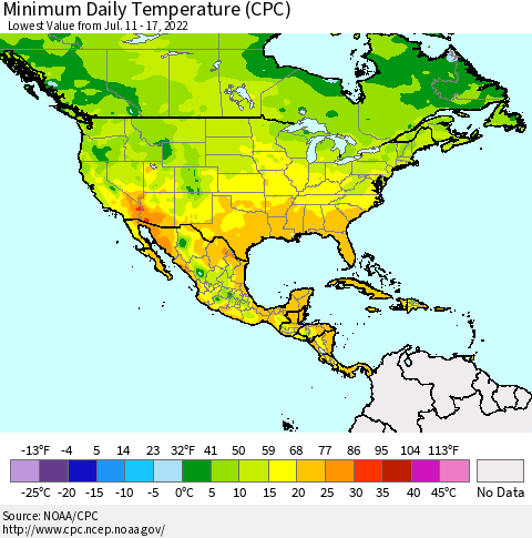North America Minimum Daily Temperature (CPC) Thematic Map For 7/11/2022 - 7/17/2022