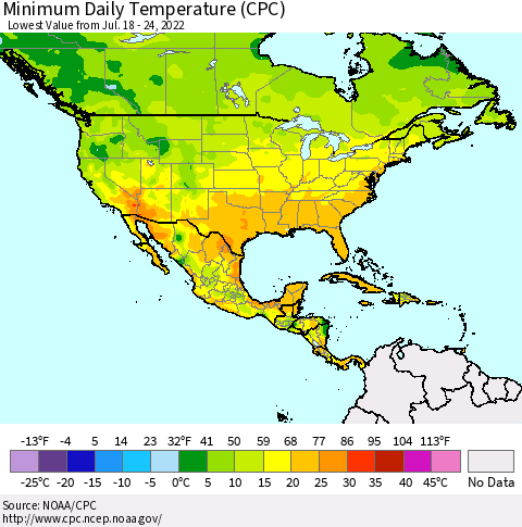North America Minimum Daily Temperature (CPC) Thematic Map For 7/18/2022 - 7/24/2022