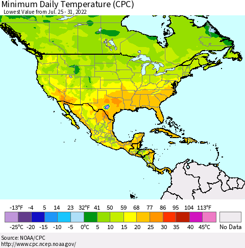 North America Minimum Daily Temperature (CPC) Thematic Map For 7/25/2022 - 7/31/2022