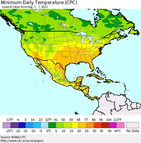 North America Minimum Daily Temperature (CPC) Thematic Map For 8/1/2022 - 8/7/2022